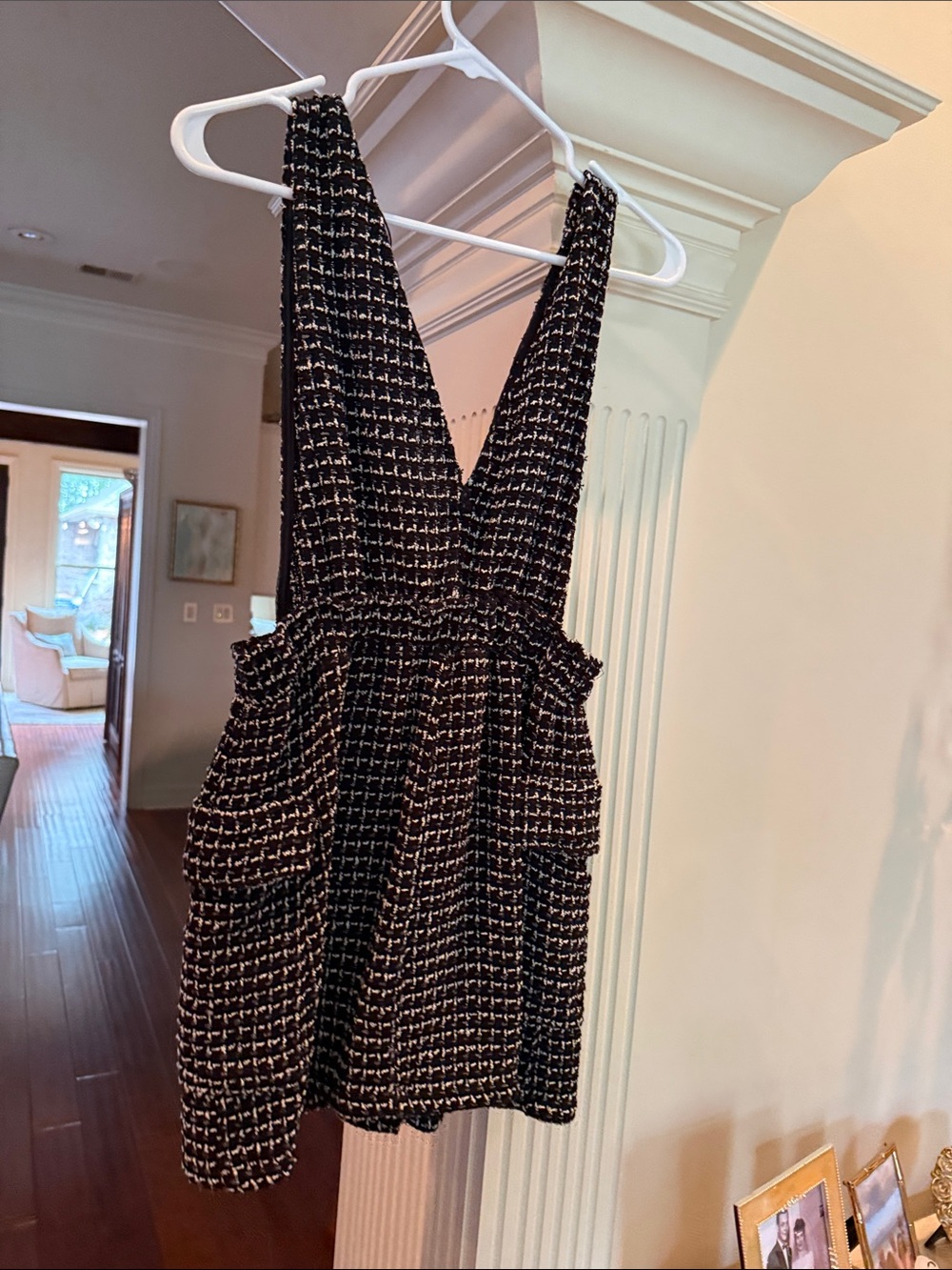 Black and White Tweed V-Neck Pinafore Dress